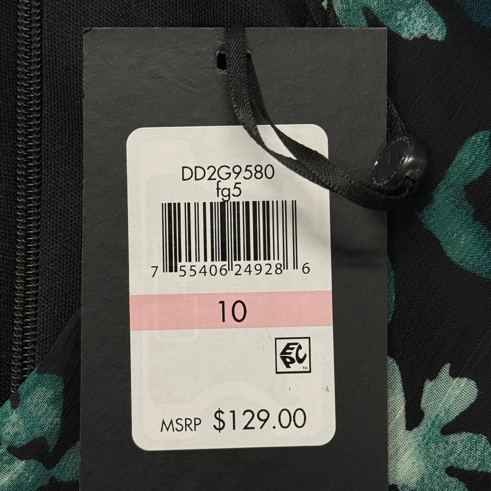 DKNY Floral Print Midi Dress Womens 10 NWT Flutter‎ Sleeve Tie Waist Black Green - Picture 4 of 9